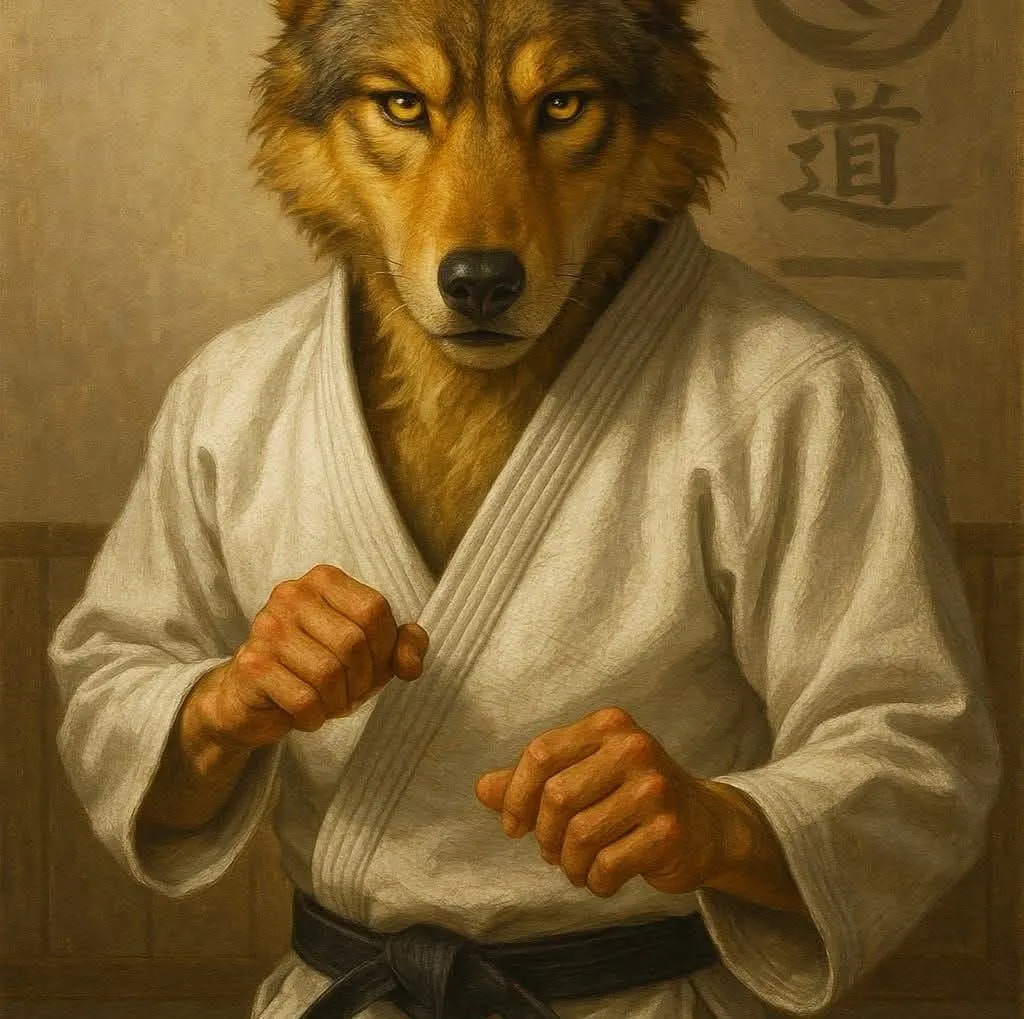 Lup în kimono de judo, cu centură neagră, mascota clubului